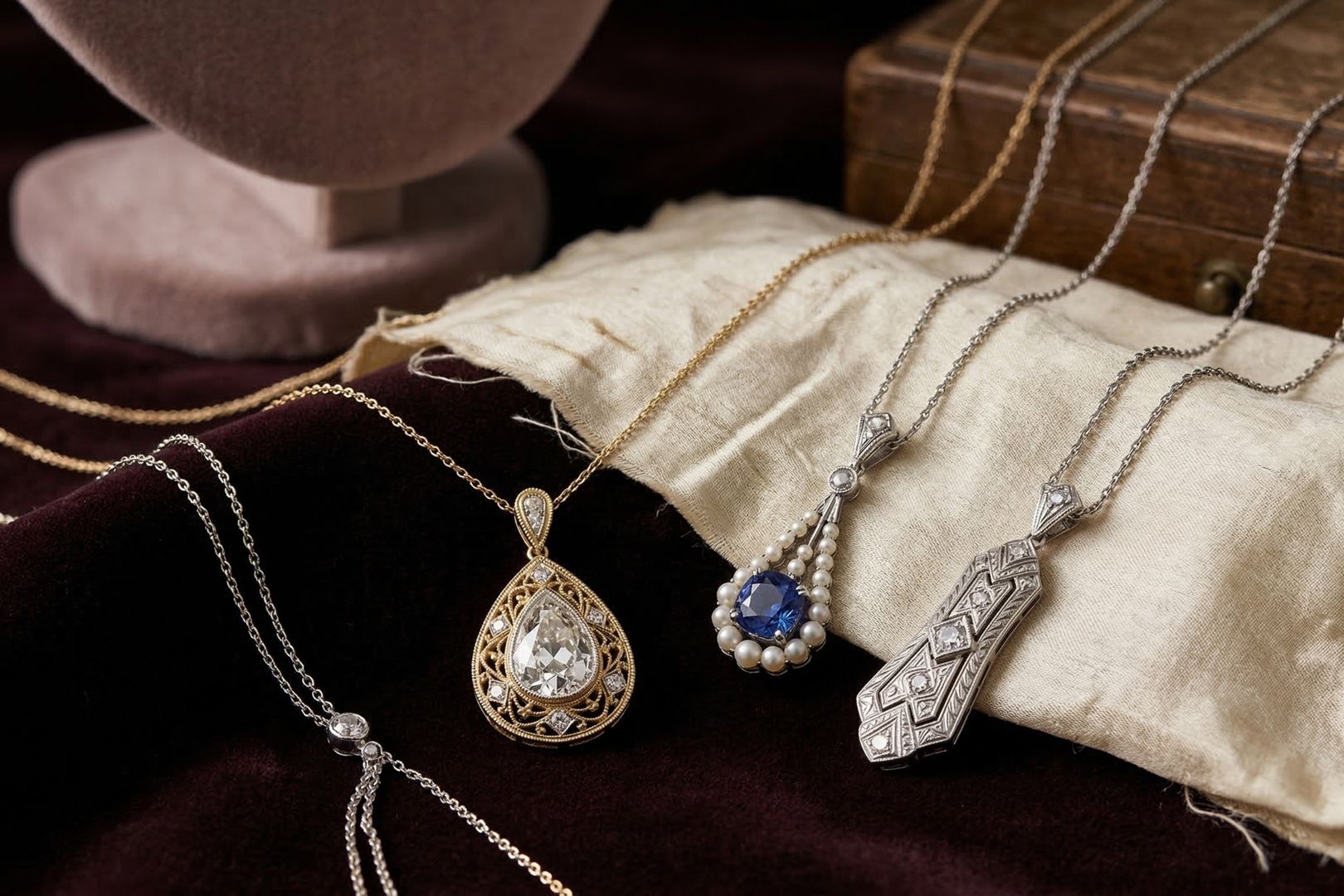 Flera halsband i olika längder utlagda på tyg och mörk sammet