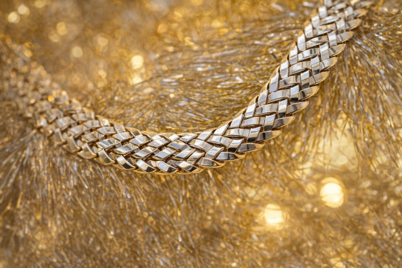 Närbild på ett klassiskt Bismarckhalsband i guld mot en glittrande bakgrund.